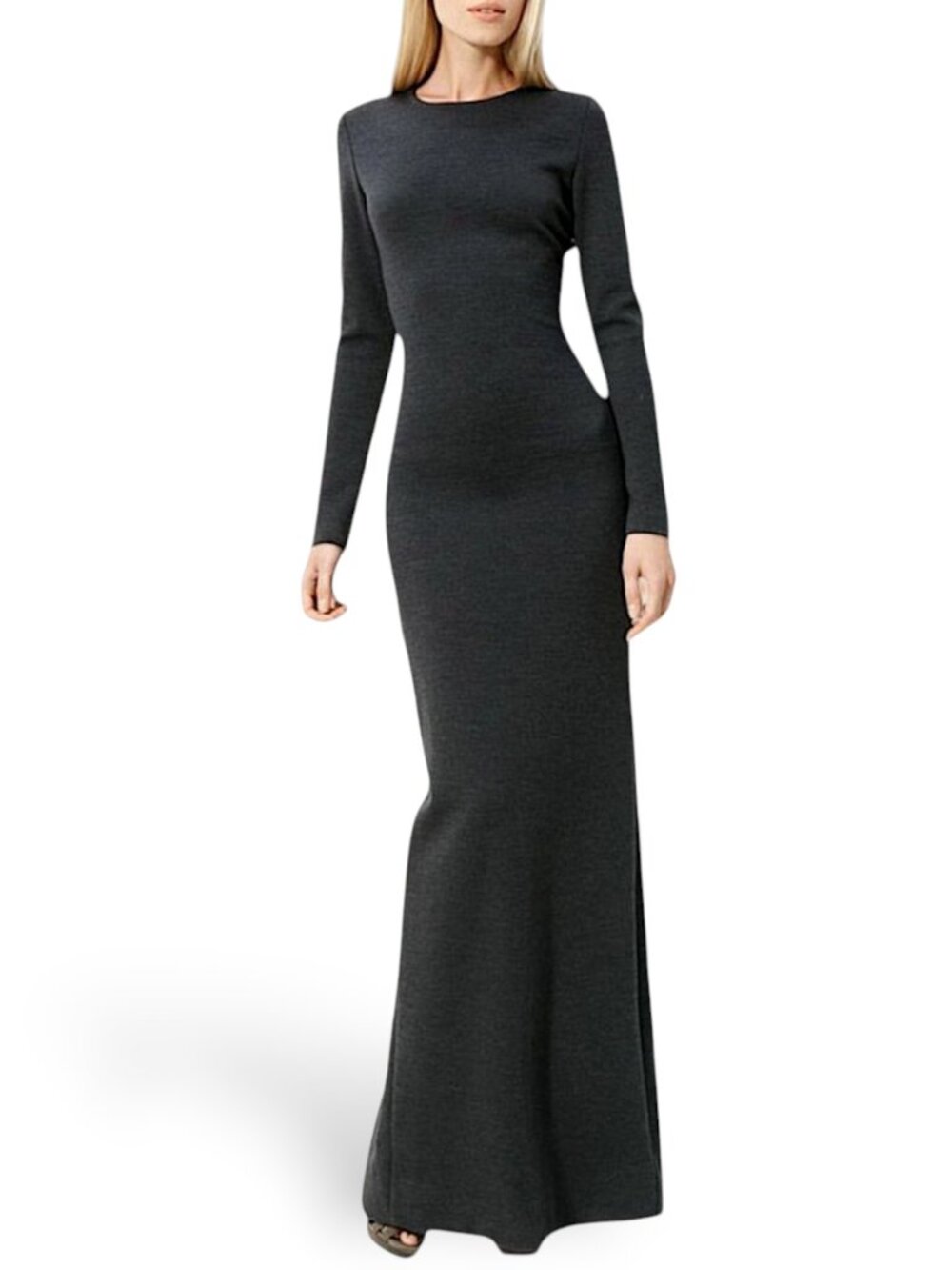 St. John Long Charcoal Gray Milano Smooth Knit Long Sleeve Maxi Gown Dress 6